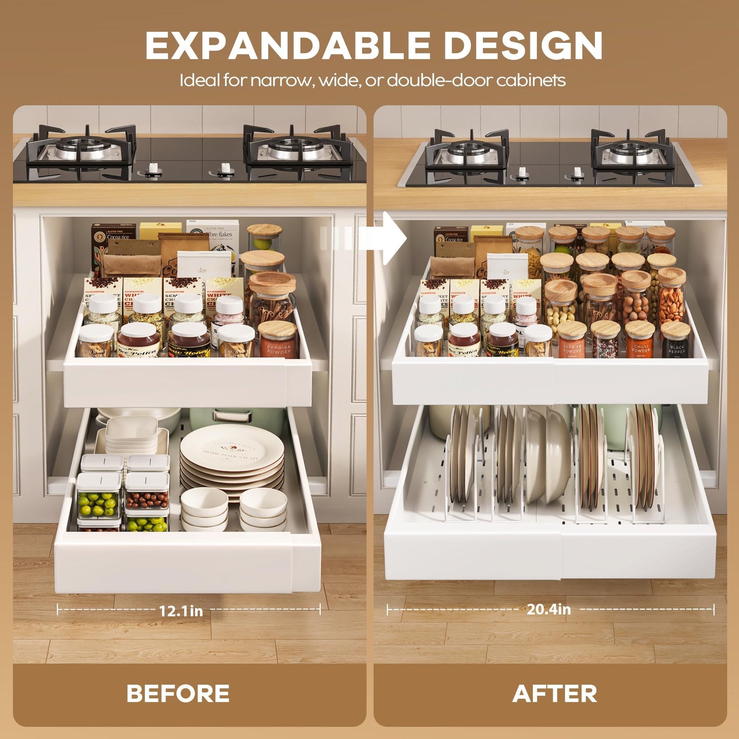 Seinloes 2 Pack Pull out Cabinet Organizer 21"Deep With Raising Pad for Framed Cabinets, Expandable Slide out Drawers for Kitchen Cabinets with 4pcs Divider Racks, Roll out Shelves 12.1"-20.4" W White