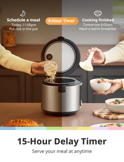 COMFEE' Compact Rice Cooker, 6-in-1 Stainless Steel Multi Cooker, Slow Cooker, Steamer, Saute, and Warmer, 2 QT, 8 Cups Cooked(4 Cups Uncooked), Brown Rice, Quinoa and Oatmeal, 6 One-Touch Programs