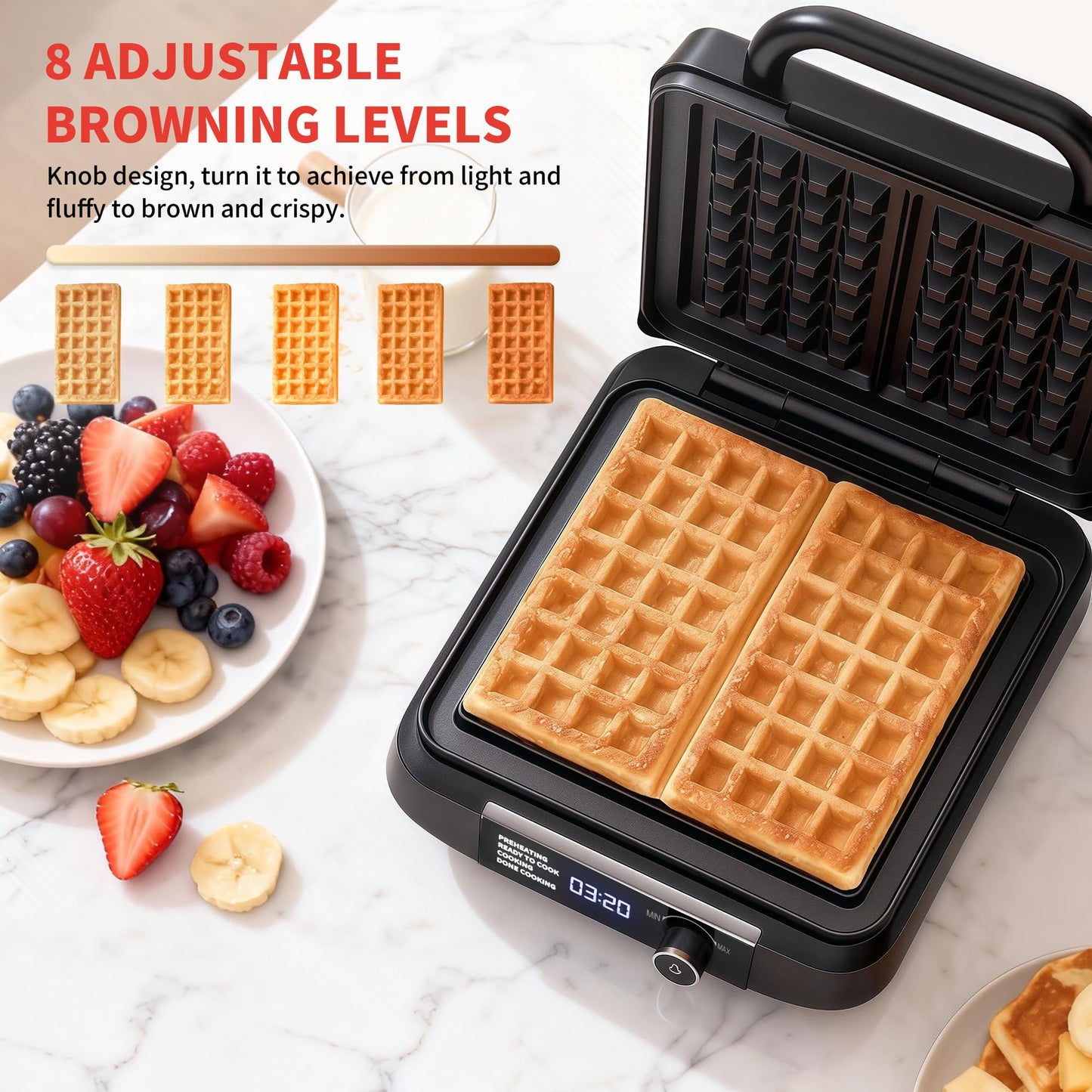 Waffle Maker, 1400W Belgian Waffle Maker, Dual Rectangular Thick Waffle Iron, 7-Level Browning LED Panel, Nonstick Plates, Anti-spill Design, Audible Ready Beep, Easy Cleanup, Stainless Steel