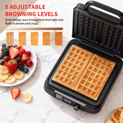 Waffle Maker, 1400W Belgian Waffle Maker, Dual Rectangular Thick Waffle Iron, 7-Level Browning LED Panel, Nonstick Plates, Anti-spill Design, Audible Ready Beep, Easy Cleanup, Stainless Steel