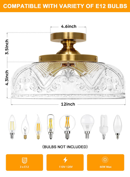 Slypadan Semi Flush Mount Ceiling Light, 12 Inch Large Gold Ceiling Light Fixture, 3-Light Globe Glass Farmhouse Kitchen Lighting Fixtures for Bathroom, Hallway, Dining Room (Bulb Not Included)