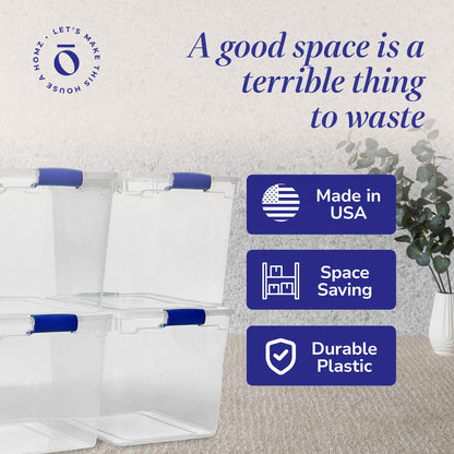HOMZ 4-Pack 31 Quart Latching Lid, Clear Plastic Storage Organizer Bins, Blue – Stackable Containers for Home & Office Shelves, Kitchen, Garage, and Bathroom Organization