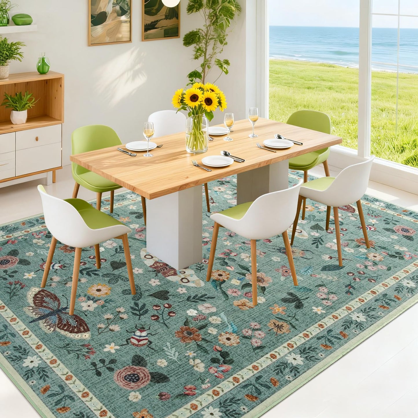Iplusmall 5x7 Area Rugs for Living Room, Soft Washable Insect Rug for Bedroom, Floral Butterfly Low Pile Modern Carpet Non Slip Thin Large Throw Carpets for Dining Room Kitchen Home Office,Light Green
