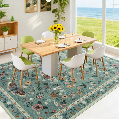 Iplusmall 5x7 Area Rugs for Living Room, Soft Washable Insect Rug for Bedroom, Floral Butterfly Low Pile Modern Carpet Non Slip Thin Large Throw Carpets for Dining Room Kitchen Home Office,Light Green