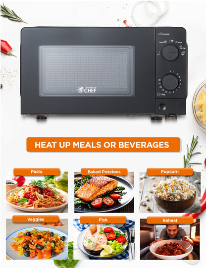 Commercial Chef 0.6 Cu. Ft. Countertop Microwave Oven, Mechanical Dial Controls, 700W, Pull Handle Door, 6 Power Levels, CHM660B, Black