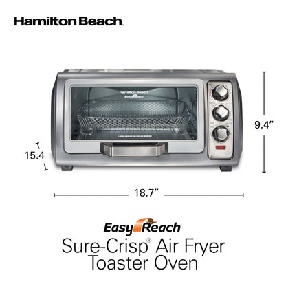 Hamilton Beach Air Fryer Toaster Oven Combo with Large Capacity, Fits 6 Slices or 12” Pizza, 4 Cooking Functions for Convection, Bake, Broil, Roll-Top Door, Easy Reach Sure-Crisp, Stainless Steel