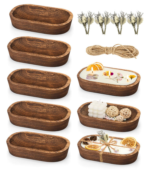 badashun Wooden Dough Bowls for Candle Making, 8 Pack Rustic Paulownia Wood Bowls with Jute Twine & Dried Flowers, Farmhouse Kitchen Home Decor (8)