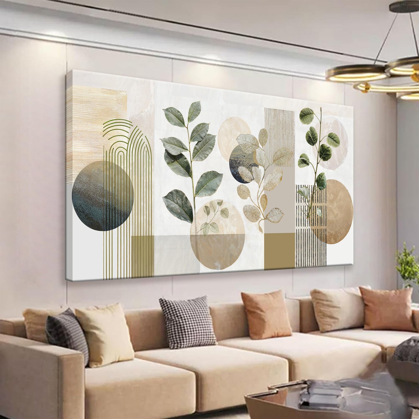 TAIJXAGSG Green Boho Wall Art Minimalist Canvas Wall Art Decor Geometric Line Leaf Beige Green Wall Art Canvas Artwork Print Paintings Abstract Art Botanical Boho Room Office Home Wall Decor 20"X 40"