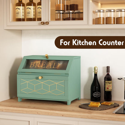 HOLTICO Double Layer Bread Box With Golden Trim for Countertop, Wooden Bread Container for Kitchen Counter, Corner Bread Storage (Green)