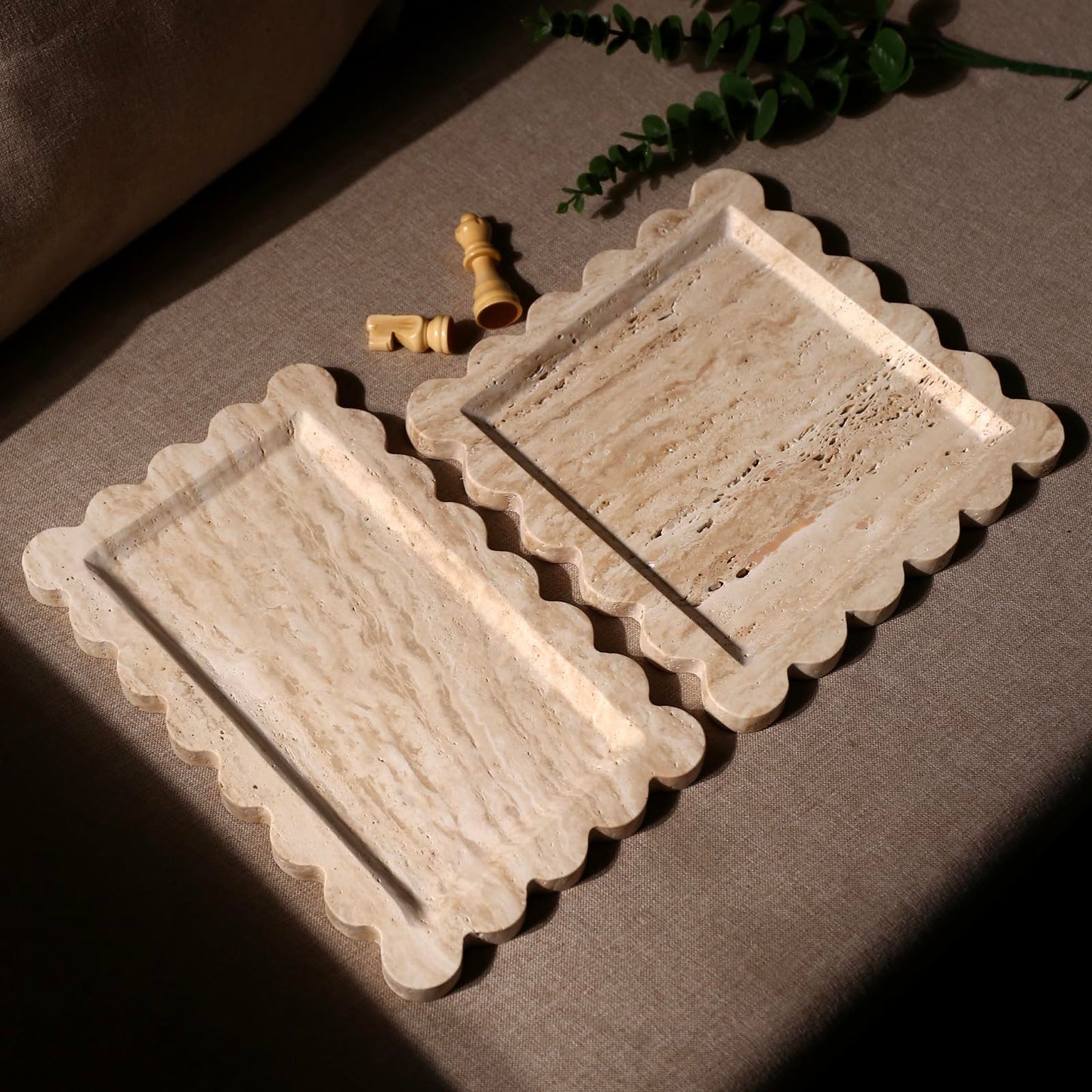 Natural 100% Marble Vanity Tray Luxury Scalloped Marble Storage Rectangle Italian Travertine Tray for Home Decor Stone Tray for Bathroom/Kitchen/Candle Key (Rectangle-11.8 * 7.4-Beige Travertine)