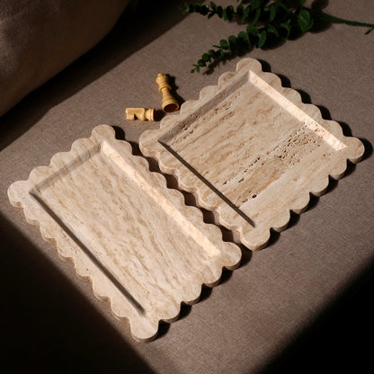 Natural 100% Marble Vanity Tray Luxury Scalloped Marble Storage Rectangle Italian Travertine Tray for Home Decor Stone Tray for Bathroom/Kitchen/Candle Key (Rectangle-11.8 * 7.4-Beige Travertine)