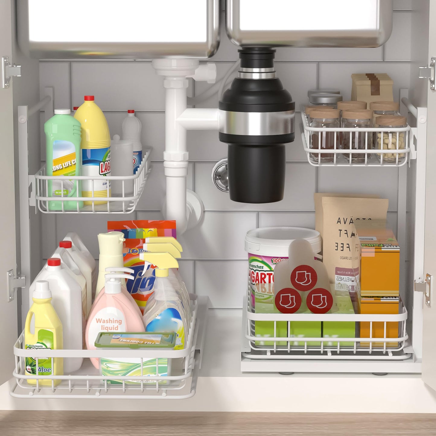 Uninol Under Sink Organizer, Adjustable Height Pull-Out Kitchen Storage Organization,15.8" x 11.8" x 16.5", 2-Tier Kitchen Shelf, Bathroom Drawer Organizer, 2 Pack|White