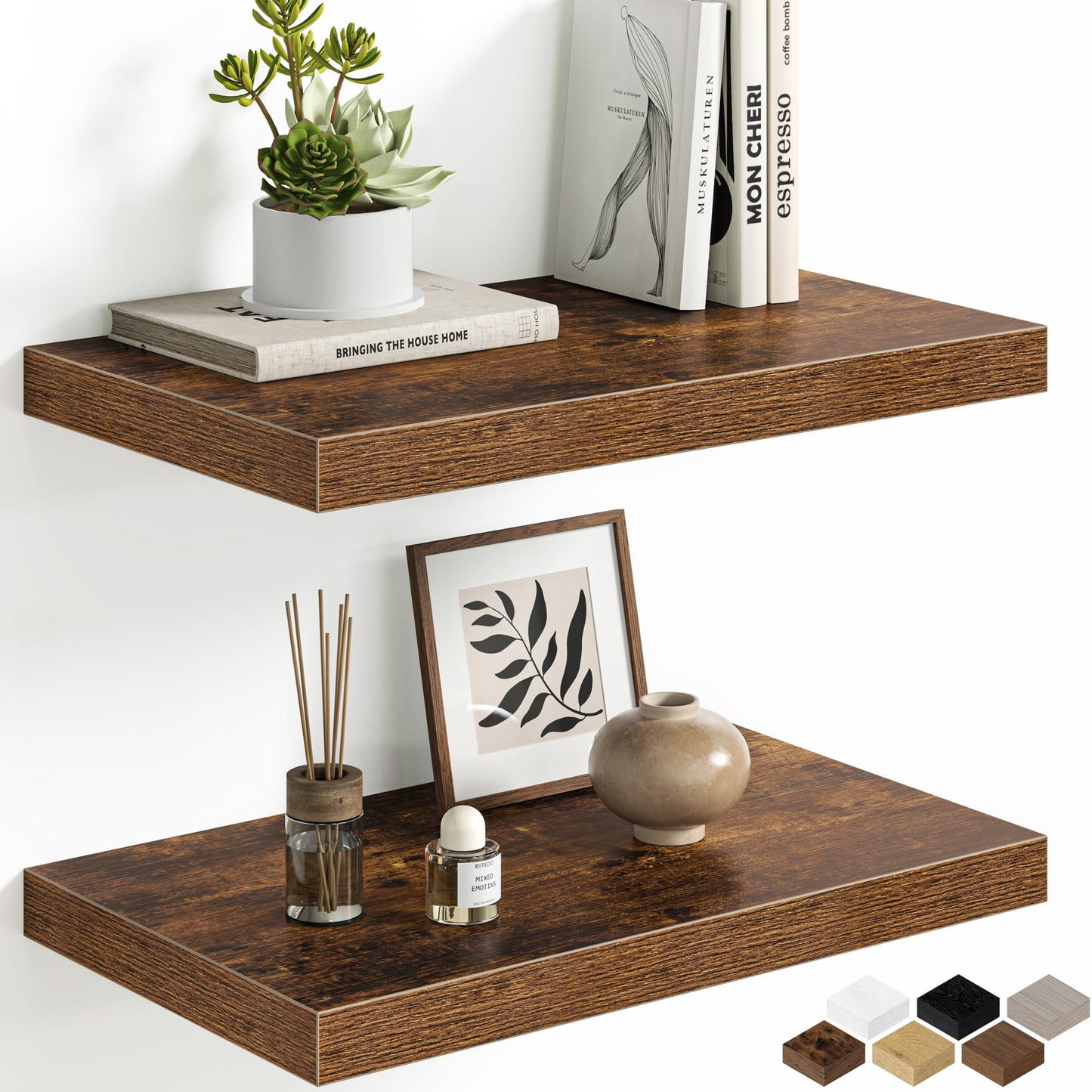 Floating Shelves Set of 2, 12 Inch Deep Floating Shelves with Heavy Duty Brackets, 20'' Rustic Wood Wall Mounted Shelf for Bathroom, Bedroom, Living Room & Kitchen, Modern Home Decor Storage, Brown