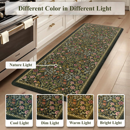 Collive Kitchen Mats for Floor 2PCS, Cushioned Anti Fatigue Rugs Non-Slip Waterproof Kitchen Sink Mat, Green Floral Standing Mat for Bar, Office, Desk, Home Decor