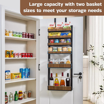 Fulifix Over The Door Pantry Organizer with Solid Wooden Baskets, 6-Tier Pantry Door Organizer Wall Mount, Metal Hanging Spice Rack Organization and Storage for Home, Kitchen, Cabinet