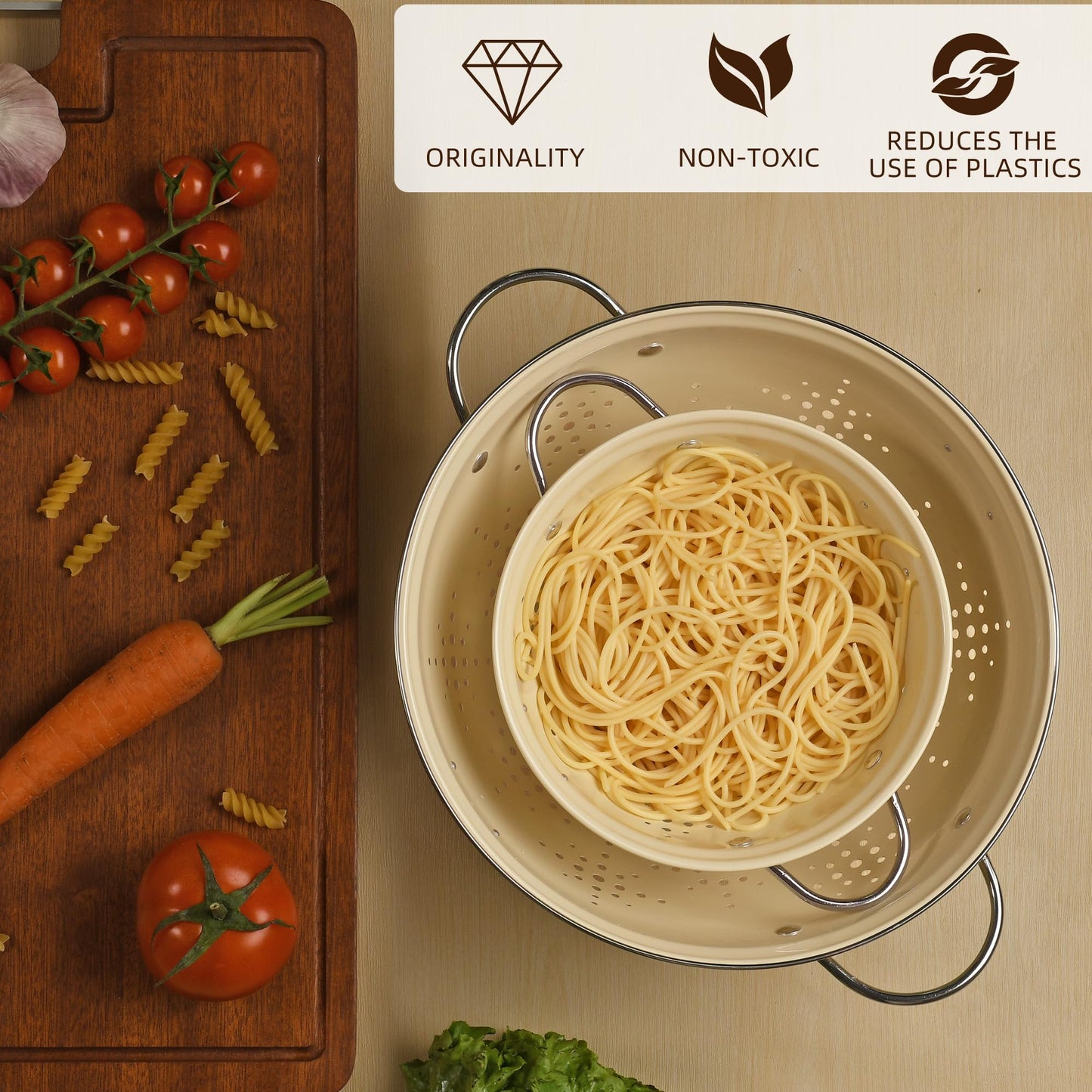 Metal Colander 2 Pack, Strainer Bowel with Handles 2Qt & 6Qt Powder Coated Solid Ring Base Heavey Duty Kitchen Drainer Basket for Pasta Veggies and Fruits,New Home Apartment Essentials (Almond Cream)
