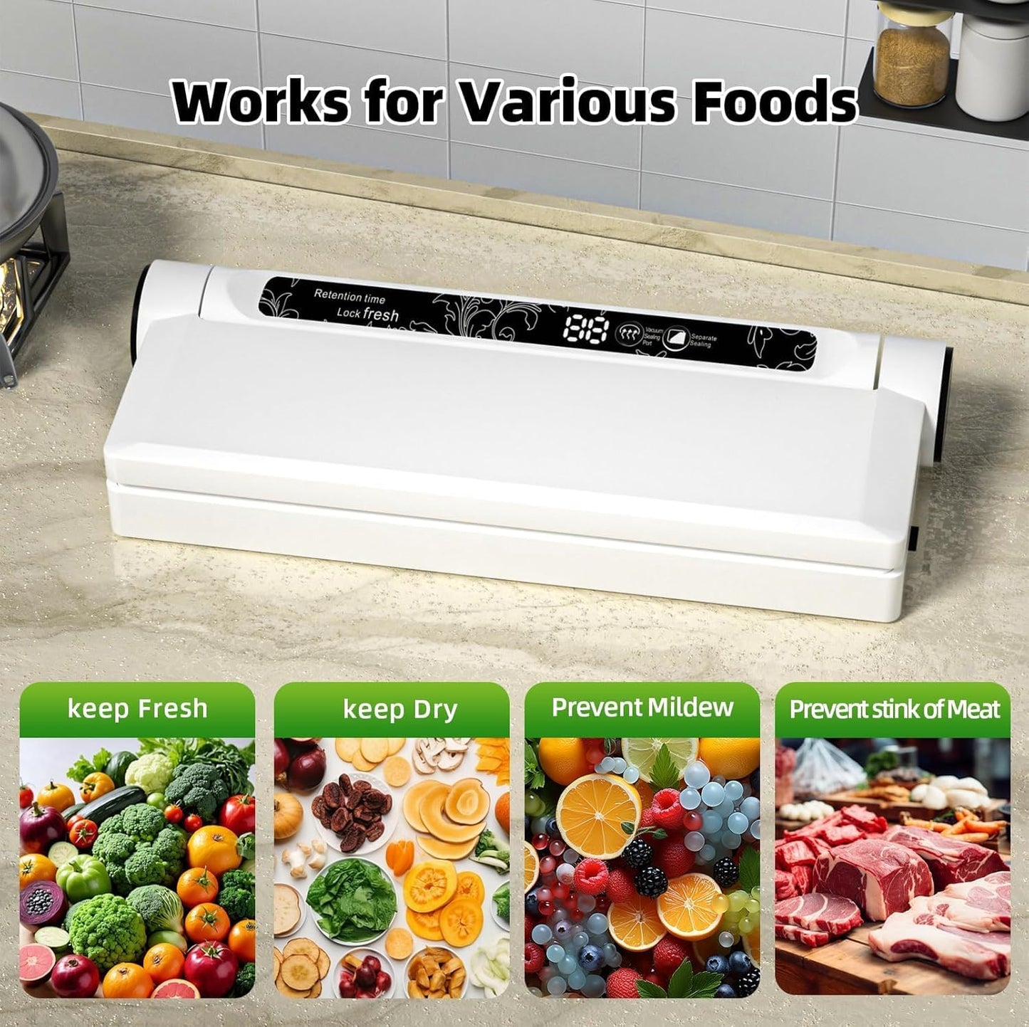 Food Vacuum Sealer Machine, 75KPA Powerful Suction, Dry/Wet Modes, Compact Vacuum Sealer for Food, with Led Indicator Lights, 20 Vacuum Sealer Bags