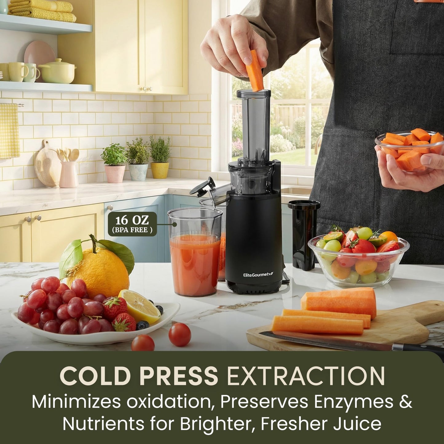 Elite Gourmet EJX600 Mini Compact Small Space-Saving Masticating Slow Juicer Cold Press Juice Extractor, Nutrient and Vitamin Dense, BPA-Free Tritan, Easy to Clean, 16 oz Juice Cup, Charcoal Grey