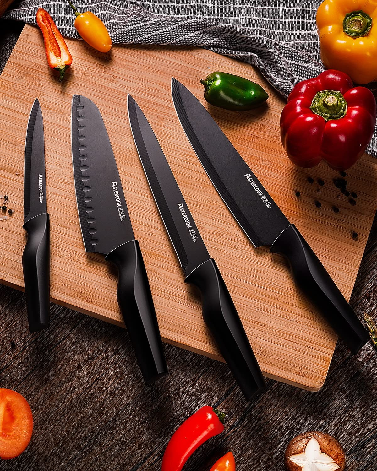 Astercook Knife Set, Kitchen Knife Set with Built-in Sharpener Block, Dishwasher Safe, 15 Pieces German Stainless Steel Knife Block Set, Black Mothers Day Gifts for Kitchen