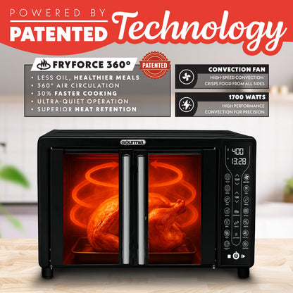 Gourmia French Door Air Fryer – 25 Qt Large Capacity Convection Oven, Fryforce 360°, Digital Display with 17 Cooking Presets, Bake, Toast, Roast, Dehydrate, Fits 12” Pizza