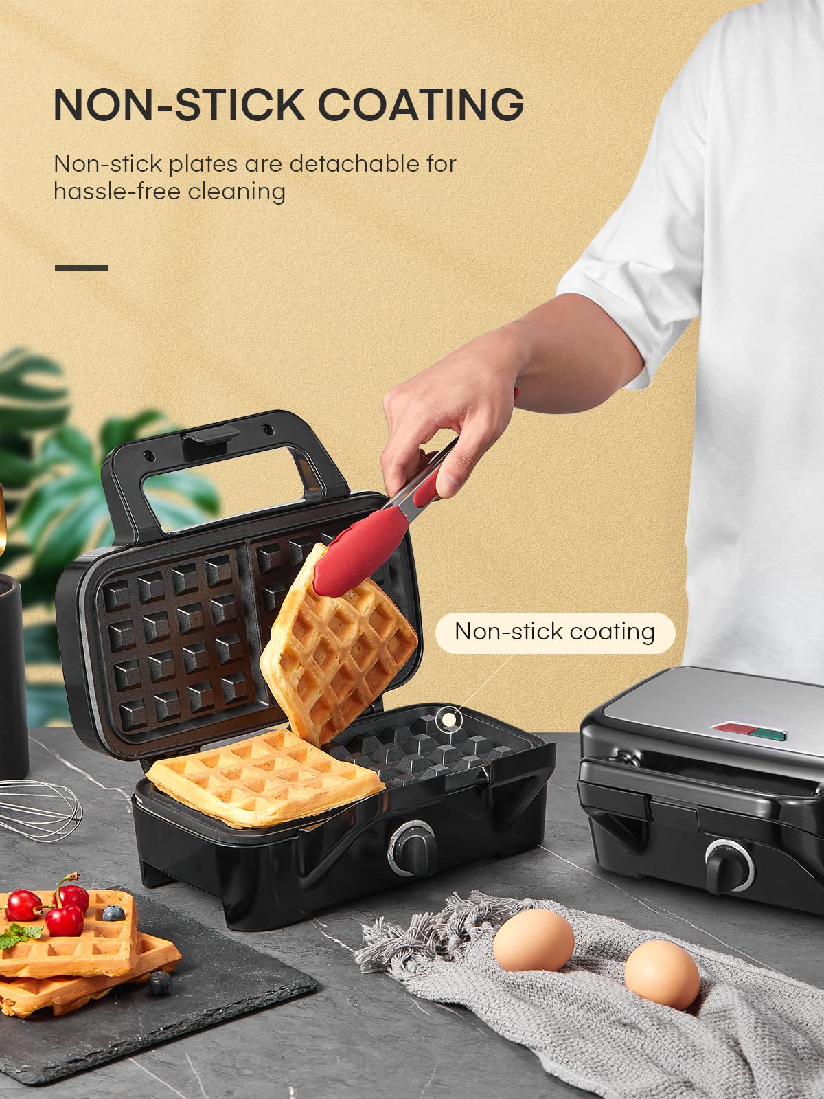 FOHERE Sandwich Maker 3 In 1 Waffle Maker With Removable Plates,1200W Grilled Cheese Maker, 5-gear Temperature Control, Non-stick Coating Easy to Clean, Indicator Lights, Silver/Black