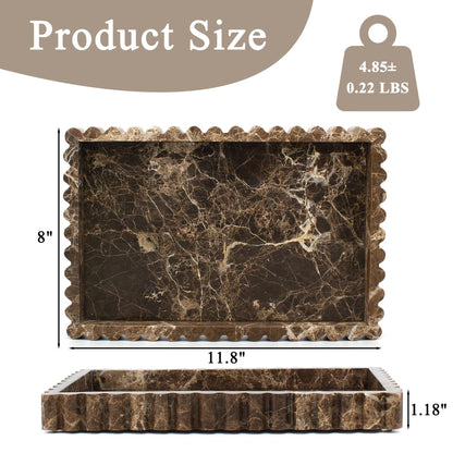 YMXYJM Natural Marble Tray for Bathroom, Real Stone Decorative Vanity Tray with Fluted Edge, Large Marble Serving Storage Tray for Kitchen Counter, Dresser, Home Decor, 11.8" x 8", Dark Brown