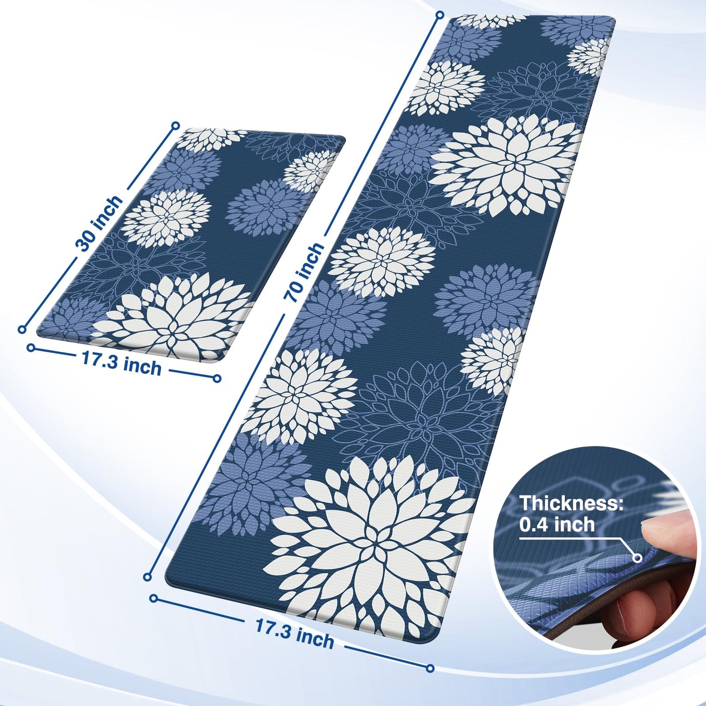 Softercharm Kitchen Mats, 2PCS Non-Slip Cushioned Rugs, Anti-Fatigue Waterproof Floor Rug, Washable Standing Desk Mat, Home Laundry Office Apartment Decor and Accessories (17.3" ×70" +17.3" ×30"-Blue)