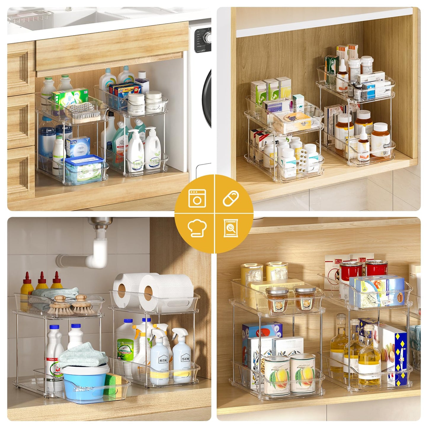 Delamu 2-Tier Under Sink Organizers and Storage, Multi-Purpose Stackable Bathroom Cabinet organizers, Pull Out Kitchen Pantry Organization and Storage with Dividers(4 Pack, Clear)