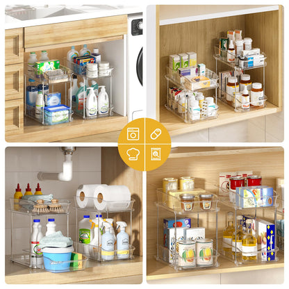 Delamu 2-Tier Under Sink Organizers and Storage, Multi-Purpose Stackable Bathroom Cabinet organizers, Pull Out Kitchen Pantry Organization and Storage with Dividers(4 Pack, Clear)