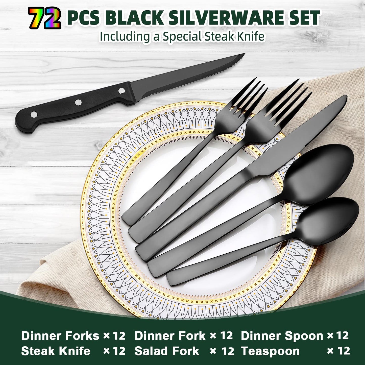 CEKEE 72-Piece Black Silverware Set with Steak Knives, Stainless Steel Flatware Set for 12, Tableware Cutlery Set, Kitchen Utensils Set for Home & Restaurant, Heavy Duty & Mirror Finished