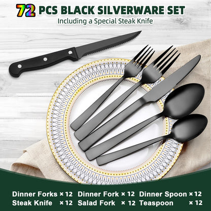 CEKEE 72-Piece Black Silverware Set with Steak Knives, Stainless Steel Flatware Set for 12, Tableware Cutlery Set, Kitchen Utensils Set for Home & Restaurant, Heavy Duty & Mirror Finished