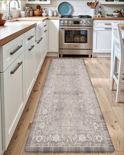 DEXI Kitchen Floor Mats Cushioned Anti Fatigue, 23x86 Long Wide Standing Comfort Runner Rug, Waterproof Retro Floral Memory Foam Padded for Front Sink Laundry, Beige Grey