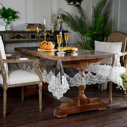 Jusmate Clear Vinyl Tablecloth Protector Transparent PVC Lace Border Plastic Waterproof Oil-Proof Rectangle Table Cover for Kitchen Home Dining Holiday Decoration (White, 60 x 104 Inch)