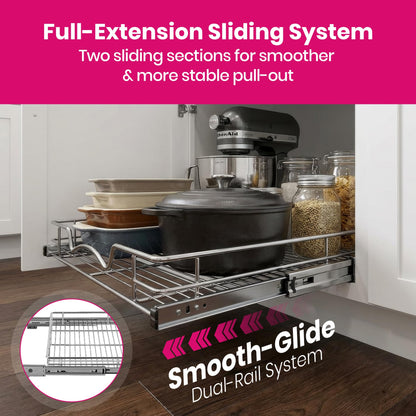 HOLDN’ STORAGE Pull Out Cabinet Organizer, Heavy Duty Caddy w/Lifetime Limited Warranty -11”W x 21”D - Requires At Least 12-1/4” Cabinet Opening, Steel Metal Cabinet Drawers Slide Out, Chrome