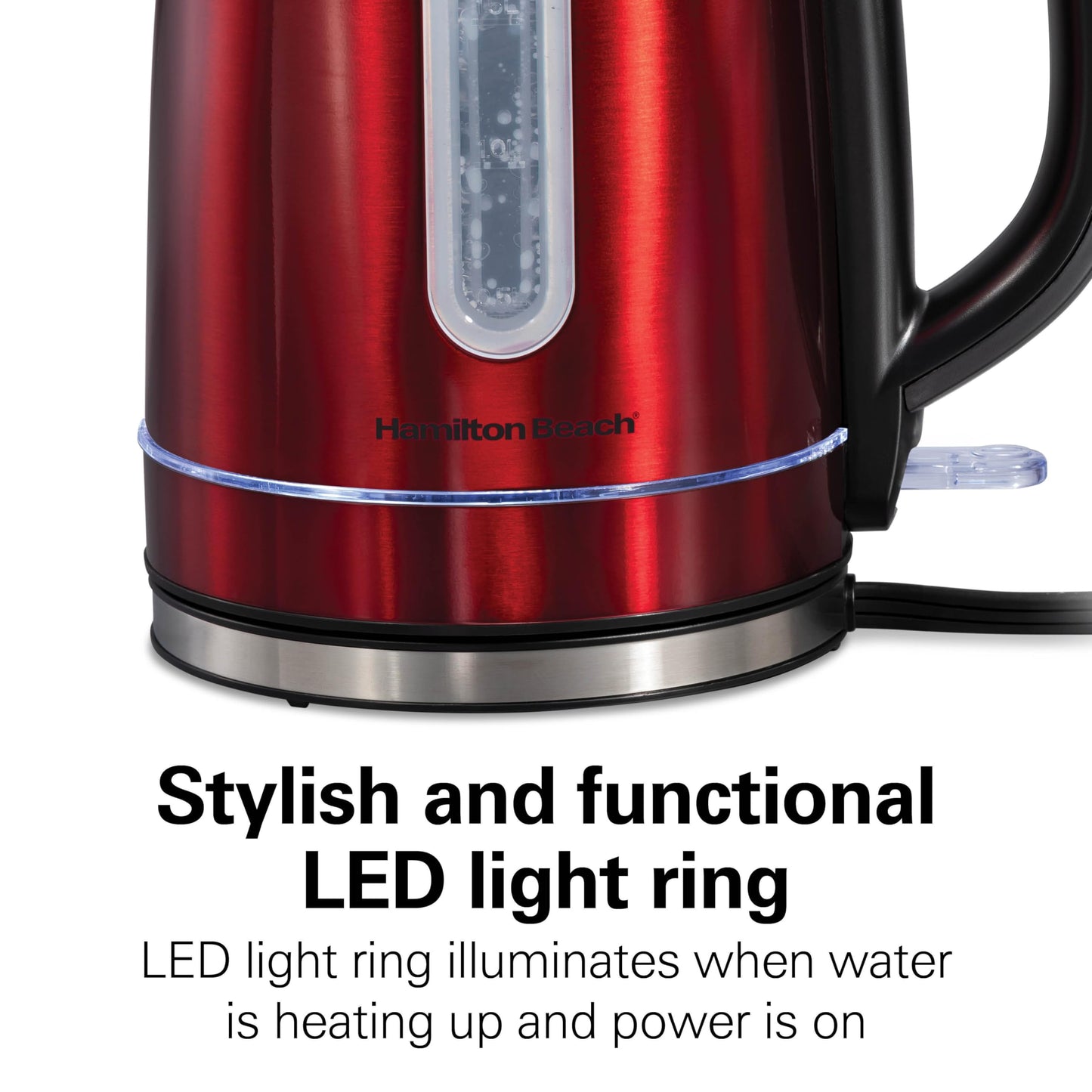 Hamilton Beach Electric Tea Kettle, Water Boiler & Heater, 1.7 Liter, Cordless Serving, 1500 Watts for Fast Boiling, Auto-Shutoff and Boil-Dry Protection, Red with LED Light Ring (41060)