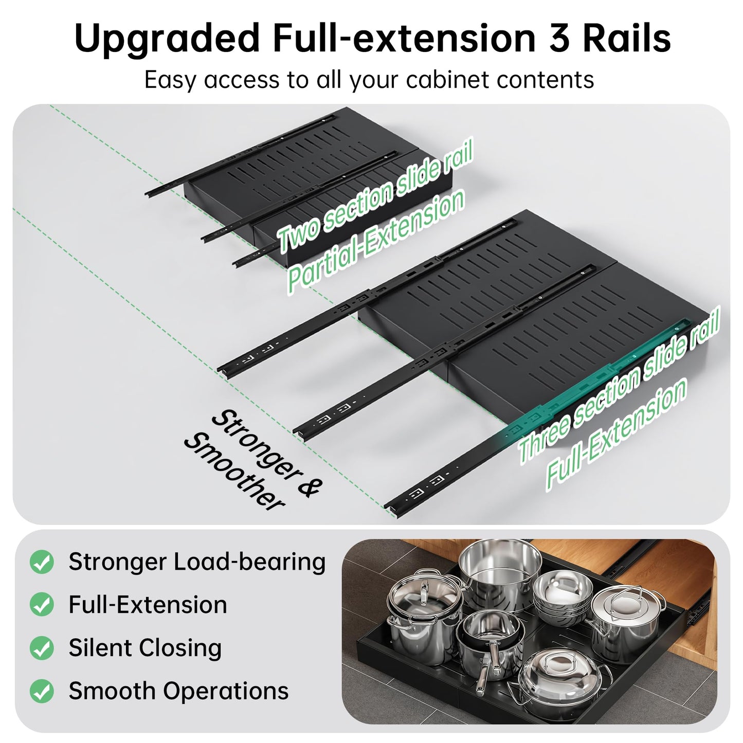 Pull out Cabinet Organizer, 1 pack, 16.5" Deep Heavy Slide out Drawers, Upgrade Three Triple-Slide Rail Systems, Expandable 12.8"-20.8" Roll out Shelf Storage for Kitchen Base Cabinet Organization