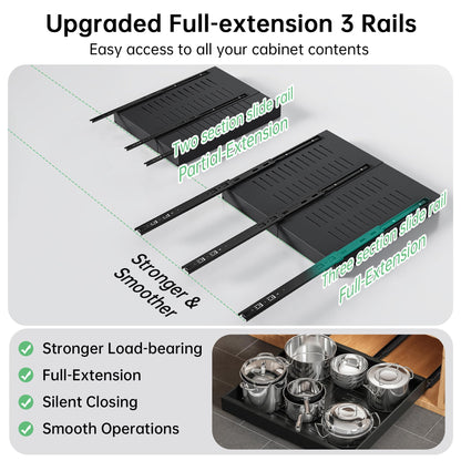 Pull out Cabinet Organizer, 1 pack, 16.5" Deep Heavy Slide out Drawers, Upgrade Three Triple-Slide Rail Systems, Expandable 12.8"-20.8" Roll out Shelf Storage for Kitchen Base Cabinet Organization