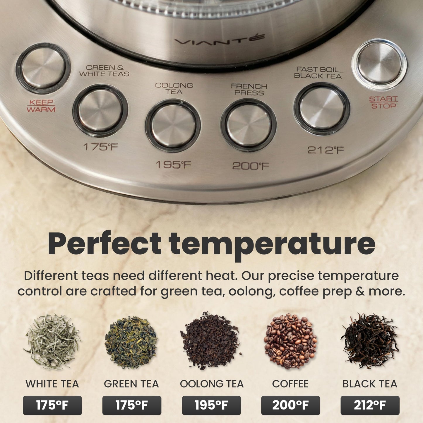 Viante Electric Kettle With Infuser. No Plastic In Contact With Water. Hot Tea Maker With Temperature Control And Automatic Shut Off. Tea Kettle With Brewing Programs. 1.5 Liters Capacity