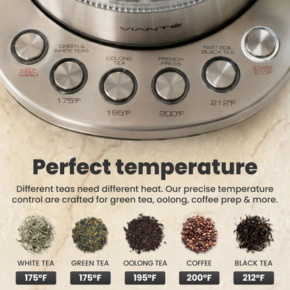Viante Electric Kettle With Infuser. No Plastic In Contact With Water. Hot Tea Maker With Temperature Control And Automatic Shut Off. Tea Kettle With Brewing Programs. 1.5 Liters Capacity
