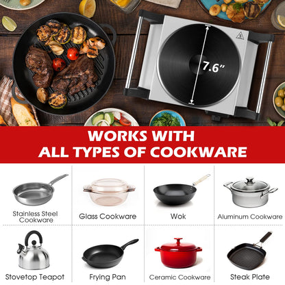 Techwood Hot Plate for Cooking, 1500W Electric Stove Countertop Single Burner with Adjustable Temperature & Stay Cool Handles, 7.5” Cooktop for Home/RV/Camp, Compatible for All Cookwares, Silver