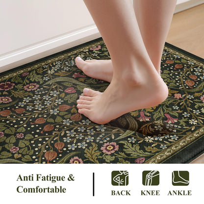Collive Kitchen Mats for Floor 2PCS, Cushioned Anti Fatigue Rugs Non-Slip Waterproof Kitchen Sink Mat, Green Floral Standing Mat for Bar, Office, Desk, Home Decor