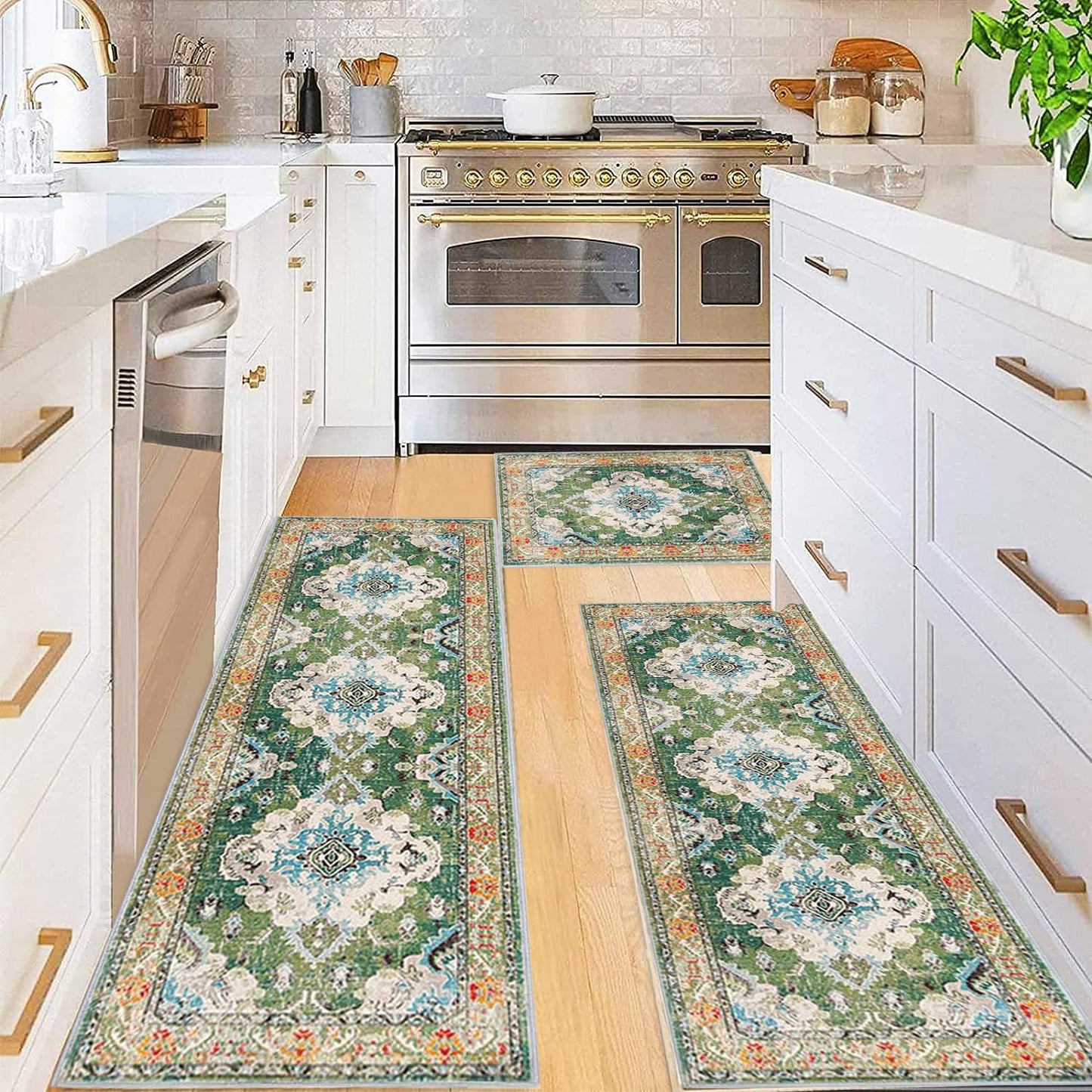 Apioiqa Farmhouse Kitchen Rug Sets 3 Piece Washable, Non Slip Kitchen Rugs and Mats Set, Boho Kitchen Mats for Floor, Green Flowers Kitchen Floor Rugs for Hallway Laundry Room