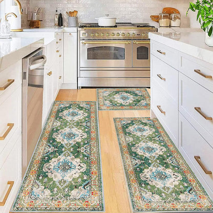 Apioiqa Farmhouse Kitchen Rug Sets 3 Piece Washable, Non Slip Kitchen Rugs and Mats Set, Boho Kitchen Mats for Floor, Green Flowers Kitchen Floor Rugs for Hallway Laundry Room