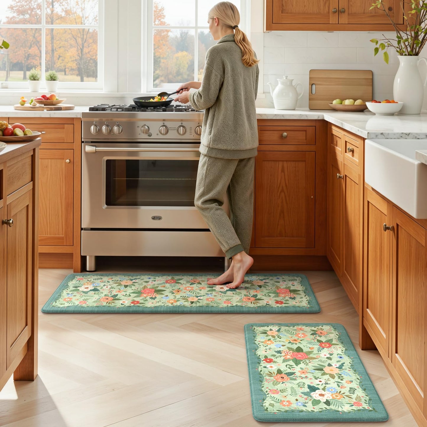 KIMODE Kitchen Mats for Floor Cushioned Anti Fatigue, Green Floral Kitchen Rugs Sets of 2, Boho Rugs for Kitchen Floor, Comfort Kitchen Floor Mats, Standing Desk Mat for Sink Laundry 20"x47"+20"x32"
