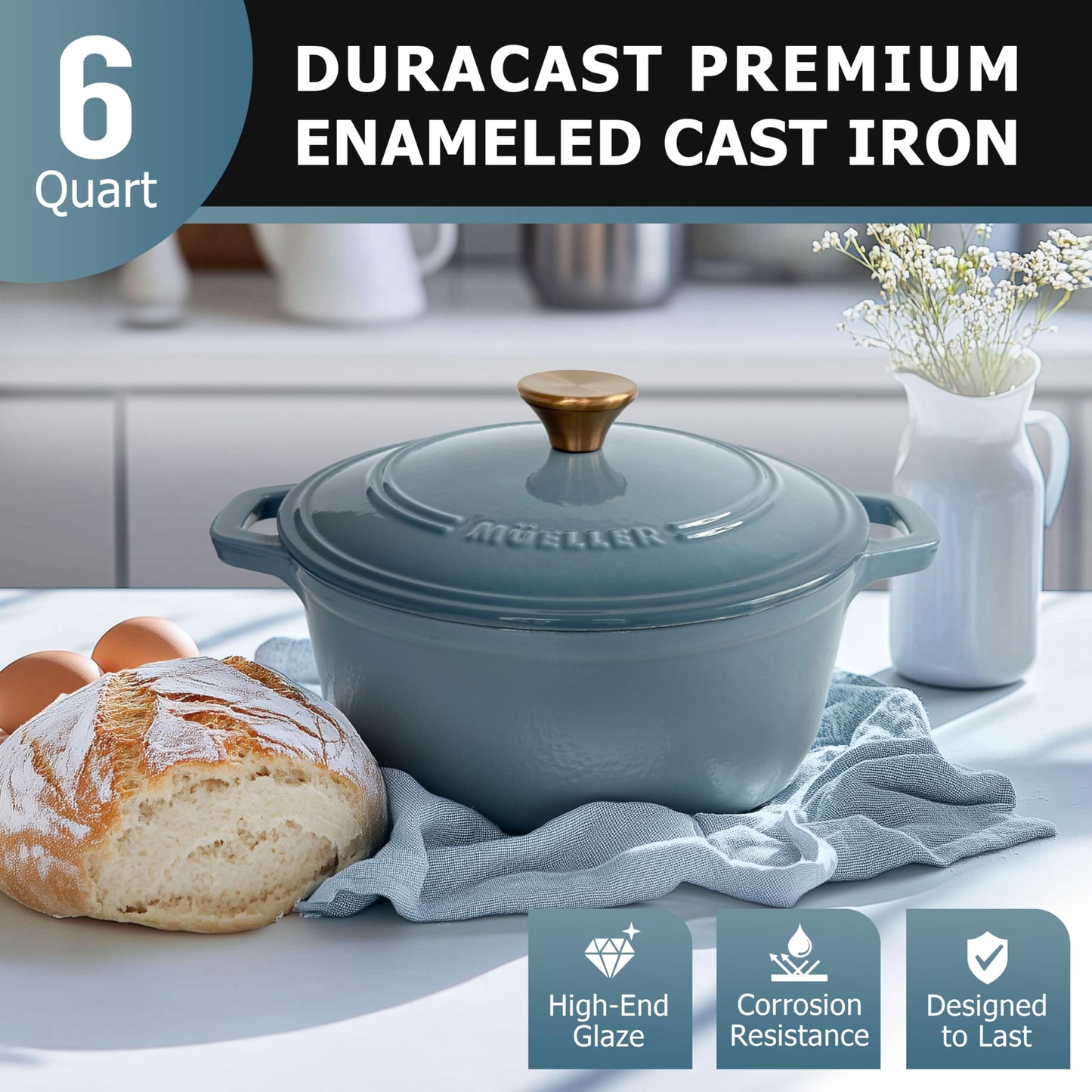 MUELLER HOME 6 Quart Enameled Cast Iron Pot Dutch Oven, Heavy-Duty, Oven-Safe up to 500° F & Across All Cooktops, Bread Pan with Lid & Knob, Cast Iron Cookware, Blue Kitchen Accessories, Mineral Blue