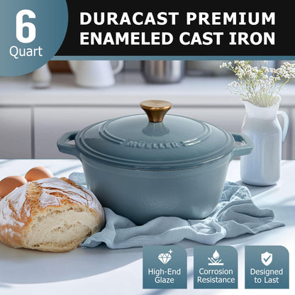 MUELLER HOME 6 Quart Enameled Cast Iron Pot Dutch Oven, Heavy-Duty, Oven-Safe up to 500° F & Across All Cooktops, Bread Pan with Lid & Knob, Cast Iron Cookware, Blue Kitchen Accessories, Mineral Blue