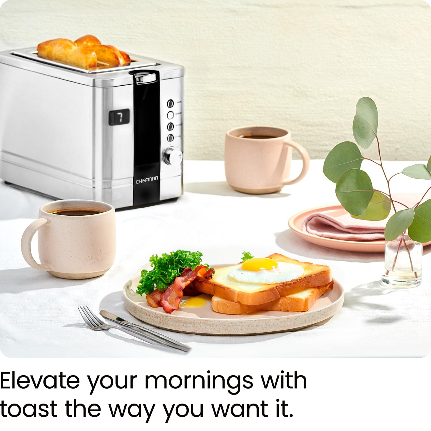 Chefman 2-Slice Digital Toaster, Extra-Wide Slots, Bagel, Defrost & Reheat Functions, Stainless Steel