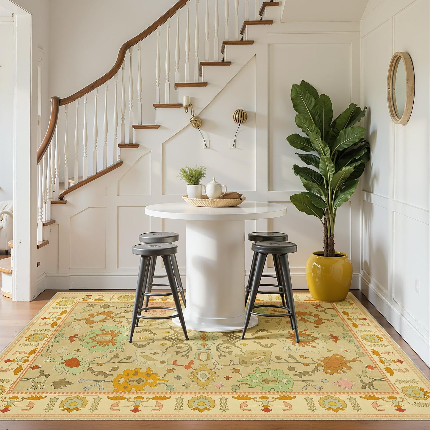 Joydeco Oushak Orange Rug for Living Room, Washable Carpet for Bedroom Non Slip, Boho Floral Ultra-Thin Soft Indoor Floor Throw Rugs for Entryway Dining Table Nursery Home Kitchen
