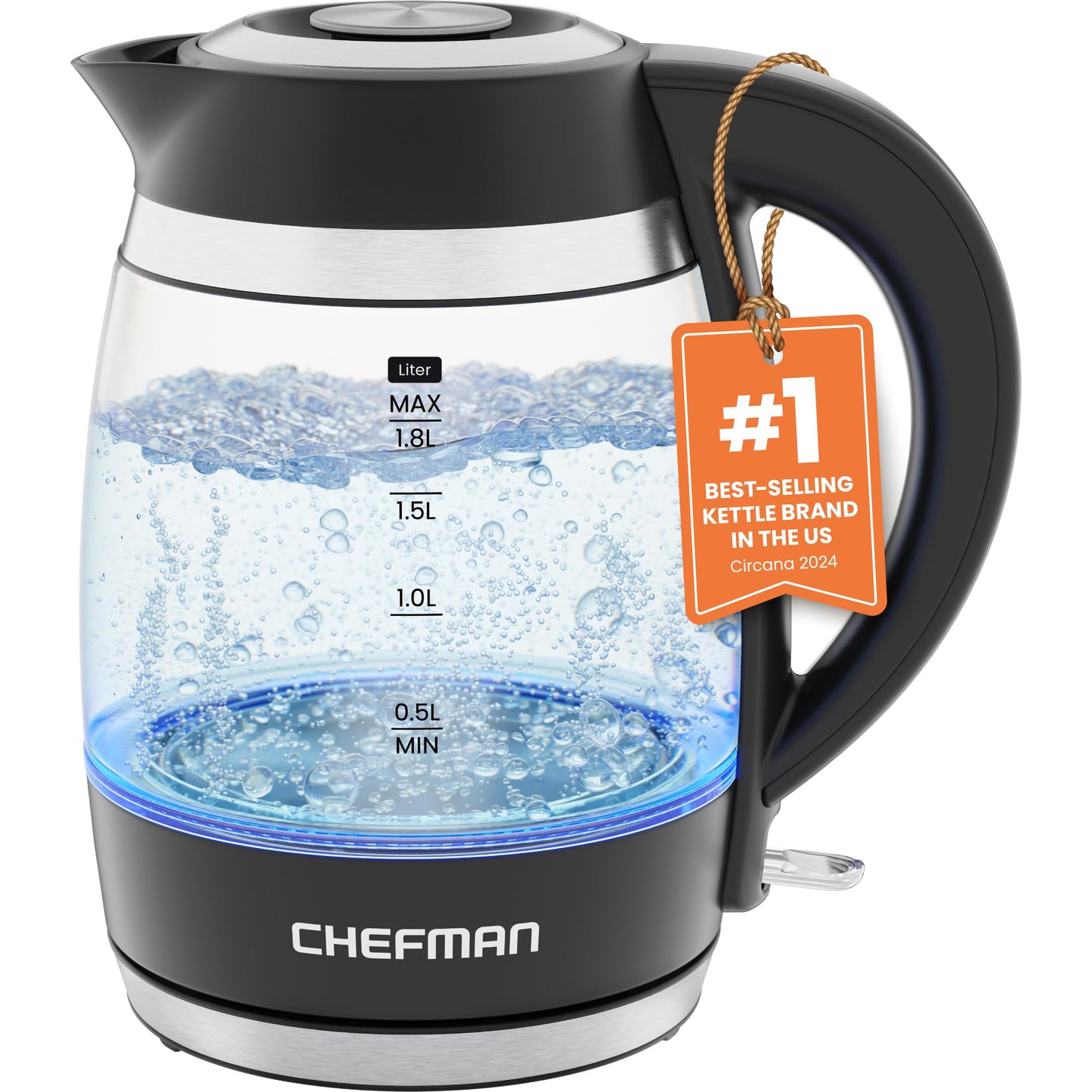 Chefman 1.8L Electric Glass Kettle, 1500W, Auto Shut Off, Boil-Dry Protection, BPA Free, Easy-Clean Lid