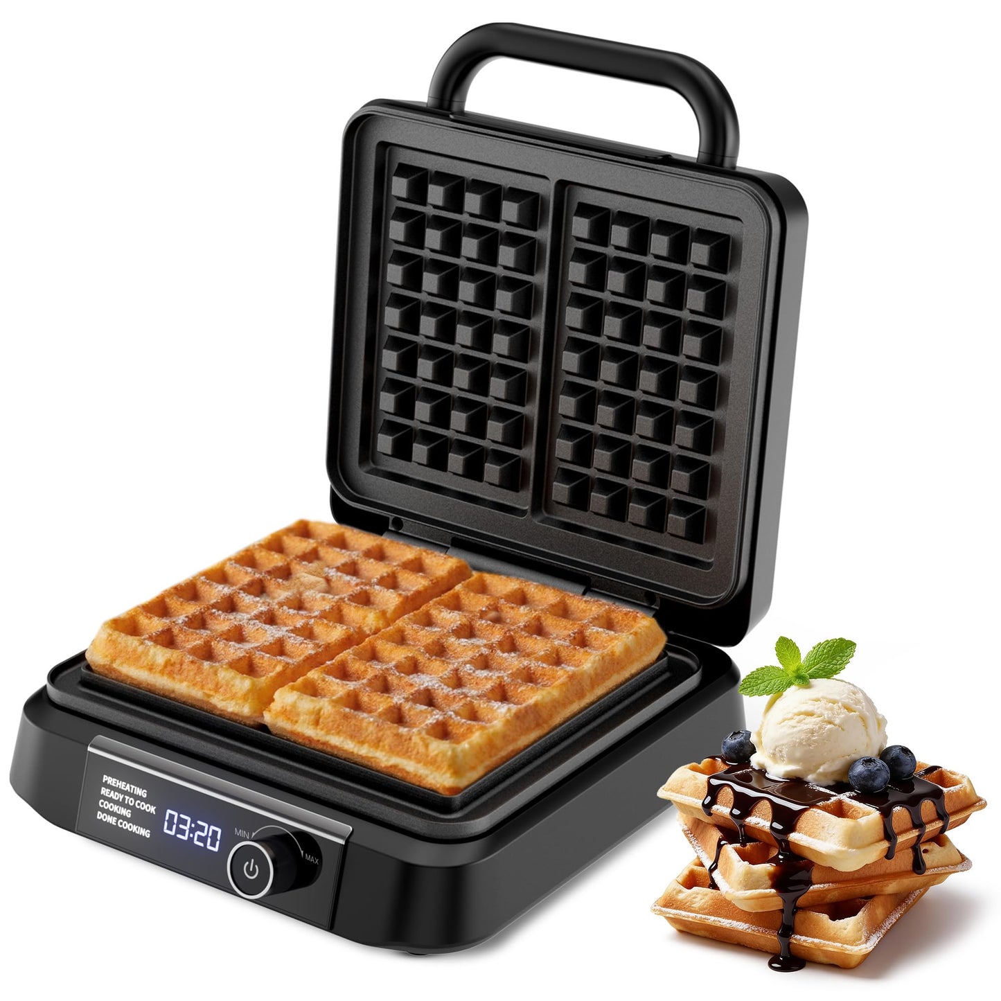 Waffle Maker, 1400W Belgian Waffle Maker, Dual Rectangular Thick Waffle Iron, 7-Level Browning LED Panel, Nonstick Plates, Anti-spill Design, Audible Ready Beep, Easy Cleanup, Stainless Steel